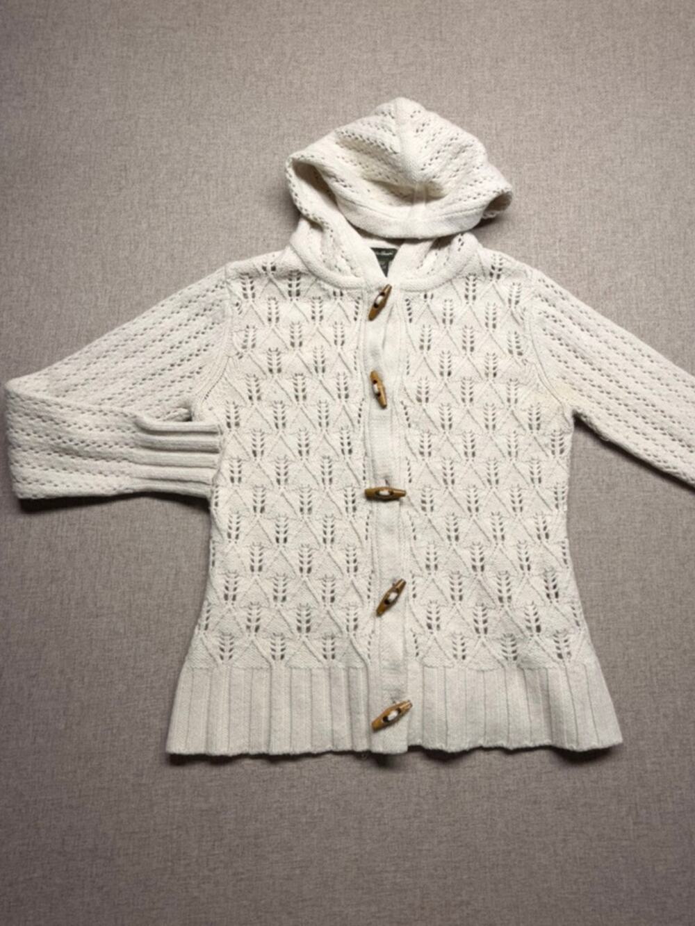 Eddie Bauer Large Ivory Merino Wool Hooded Cardigan Pointelle Toggle Sweater